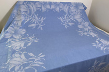 Vintage Mid Century Modern Cotton Damask Tablecloth Blue & White Lilies YY924 picture
