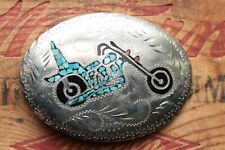 Vintage Hand Made Motorcycle Chopper Turquoise Coral Inlay Bikers Belt Buckle picture