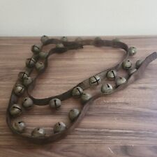 Antique Brass Sleigh Bells 72in Leather Strap 30 Bells Weathered picture