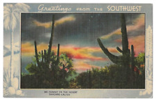 Greetings From the Southwest c1940's Sunset on the desert, Saguaro Cactus picture