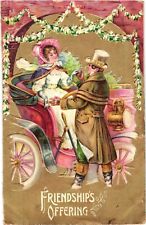 1909 Woman Antique Car FRIENDHIP OFFERING Gold Embossed Postcard picture