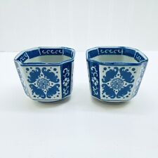 Vintage Porcelain Pottery Planter Decorative Chinese Blue White Cups Set Of 2 picture