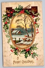 Vintage A Merry Christmas Embossed Postcard with House & Lake Scene picture