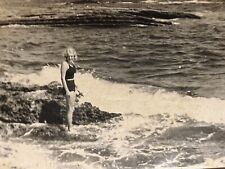 1930s Beautiful Young Woman Blonde Bikini Sea Wave Rocks Beach Vintage Photo picture