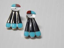 VINTAGE ZUNI INDIAN STERLING SILVER + MULTI STONE INLAY KACHINA SUNFACE EARRINGS picture