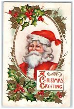 c1910's Christmas Greetings Santa Claus Holly Berries Embossed Antique Postcard picture