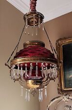 Victorian Parlor ceiling Chandelier  Lamp Antique Cranberry Thumbprint 1880 picture