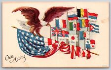 WWI Patriotic~Our Allies 12 Flags~Japan~Cuba~Italy~Eagle & US Draped Flag~c1917 picture