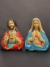 VTG 1940s PLASTER SACRED HEART JESUS & MARIA BUST WALL HANGING 2 PLAQUES picture