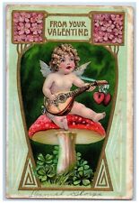 c1910's Valentine Angel Playing Guitar Mushroom Flowers Embossed Postcard picture