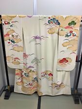 Japanese Vintage Kimono pure silk White beige Furisode expensive Height 62.59in picture