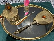 Vintage 1950’s To 1960s?   Gold Tone With  Stones 4 Piece Dresser Set Tray 18.5” picture