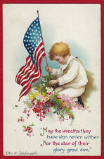 Clapsaddle Memorial Day Boy w/American Flag Grave Patriotic A/S PC Emb Vtg c1910 picture