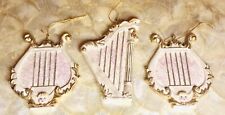 Lot of 3 Vintage Angelic Ceramic Glitter Harps Holiday Christmas Tree Ornaments picture