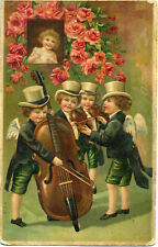 Latvia 1911 Greetings for Birthday Postcard w/four angel musicians Embossed picture