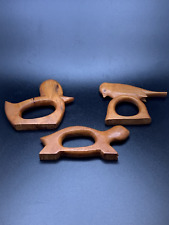 3 Sweet Vintage Hand Carved Wooden Animal Napkin Rings - Bird Duck Turtle picture