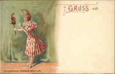 Beautiful Woman Pierrot Gruss Aus Fine Lithograph Jester Doll c1900 Postcard picture