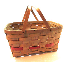 Original Old 30's Woven Shaved Natural Wood Open 2 Handle Picnic Basket Red Band picture