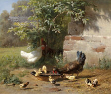 Charming Oil painting happy family cock with hens chicks in summer Hand painted picture