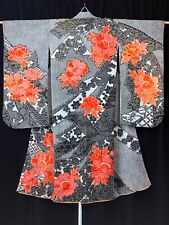 Childrens Kimono & Nagajuban - Black Orange Floral Noshi / Shibori Like Texture picture