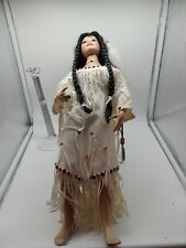 Native American 17in Porcelain Doll Eyes w/Eye Lashs White Suede Dress Beadwork picture