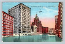 Milwaukee, WI-Wisconsin Riverfront From Wells Street Bridge Linen c1938 Postcard picture