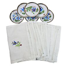 6 Lubiana Poland Coasters & Napkin Set Kashubian Embroidery Floral Cotton Vtg picture
