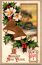C. 1910 A Bright New Year Postcard Embossed Bells Evening Winter Scene Jan. 1 picture