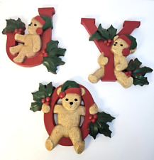 Vintage Homeco Christmas Decoration Wall Hanging JOY Holly 3 Teddy Bears #7610 picture