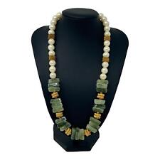 Vintage Natural Jade Gemstone Graduated Iridescent Pearl Necklace Gold Tone Bead picture