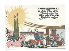 Vtg Christmas Card ART DECO Jester Type 6 Men Tights Pull Yule Log CANDLE AGLOW picture