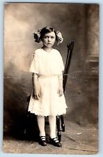 Pretty Little Girl Postcard RPPC Photo Plaided Ponytail Studio c1910's Antique picture