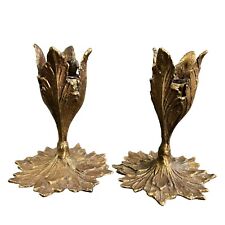Pier 1 Brass Leaf Candle Holders Set Of 2 Gold Vintage Victorian Candlestick picture