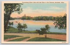Rochester Minnesota Silver Lake Mayo Clinic In Distance Linen Postcard picture