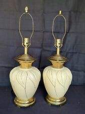 Pair Vintage Hollywood Regency Brass Porcelain Ceramic Lamp Light Gold Leaf Lot picture