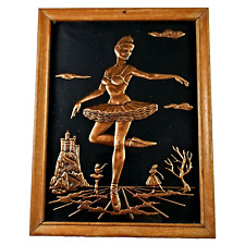 Antique Wall Art Repousse Copper Ballerina Dancers Wood Frame 6.5x8.5