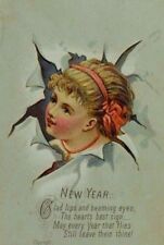 1870's-1880's Lovely Embossed Victorian New Years' Trade Card Cute Girl P67 picture