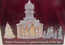 Galleria Inc White Porcelain Lighted Church Gold Accent  8 Pieces Christmas Set picture