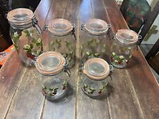 Vintage Arc Strawberry & Floral Glass Canister Storage Set of 6 Hinged Lids VGC picture