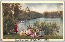 Stockport Ohio 1922 Greetings Postcard Girls Family Picnic Lake Boats picture