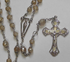 Vtg worn faux pearl glass bead rosary Virgin Mary SH Jesus medal enamel crucifix picture