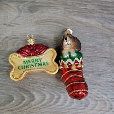 Old World Christmas Puppy in Stocking Dog Bone Ornament Blown Glass Glitter picture