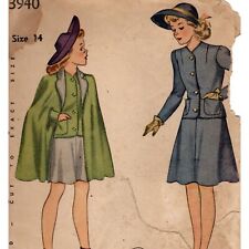 Vtg 1940's Girls Suit and Cape Sewing Pattern Size 14 Simplicity 3940 FF picture