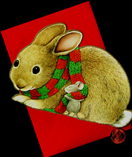 VINTAGE HALLMARK CHRISTMAS Rabbit Mouse  Scarf - STANDING UP CARD Greeting Card picture