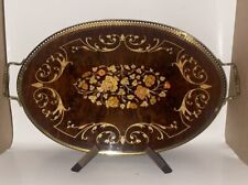 Vintage Italian Marquetry Tray Inlaid Wood And Brass Approx 18” × 12