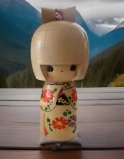 Japanese KOKESHI Doll Vintage Hand Painted Wooden Doll 5” Flowers Light Wood Vtg picture