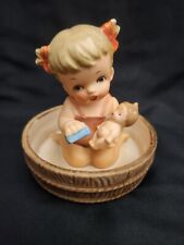 Lego 1959 Ceramic Girl In Wood Barrel Tub Giving Doll A Bath Japan Mid Century  picture