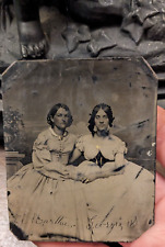 Beautiful Antebellum era tintype two young ladies holding hands stunning fashion picture