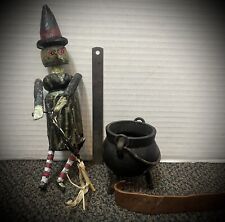 Folk Art Hand Carved Witch With Cast Iron Cauldron  picture