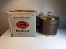 Vintage MCM Kraftware N.Y.C. Ice Bucket Faux Brown Leather w/Lid & Box, Barware picture